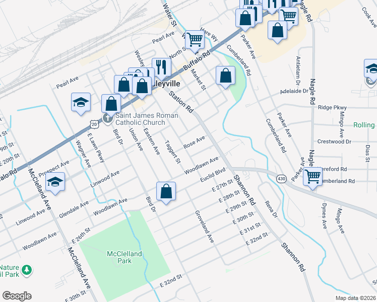 map of restaurants, bars, coffee shops, grocery stores, and more near 3104 Rose Avenue in Erie