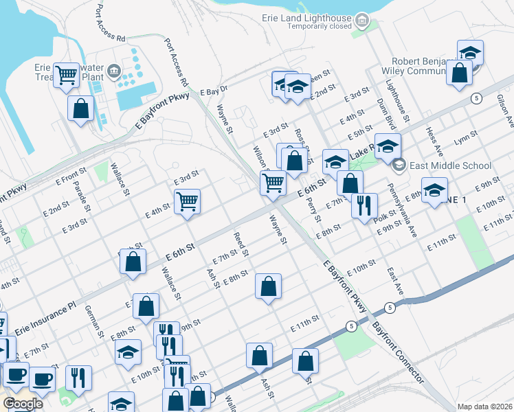 map of restaurants, bars, coffee shops, grocery stores, and more near 747 East 5th Street in Erie