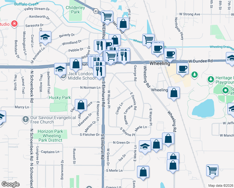 map of restaurants, bars, coffee shops, grocery stores, and more near 151 Laurel Court in Wheeling