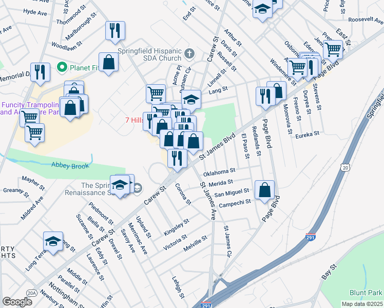 map of restaurants, bars, coffee shops, grocery stores, and more near 14 Detroit Street in Springfield