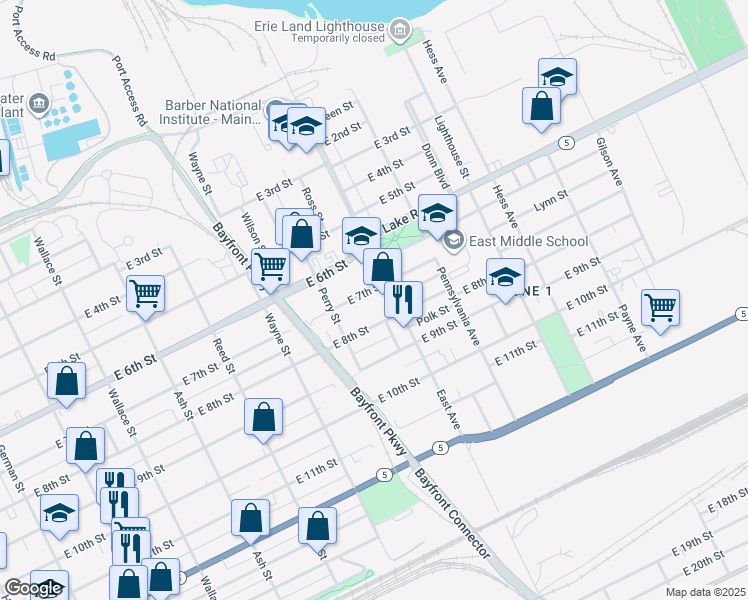 map of restaurants, bars, coffee shops, grocery stores, and more near 945 East 7th Street in Erie