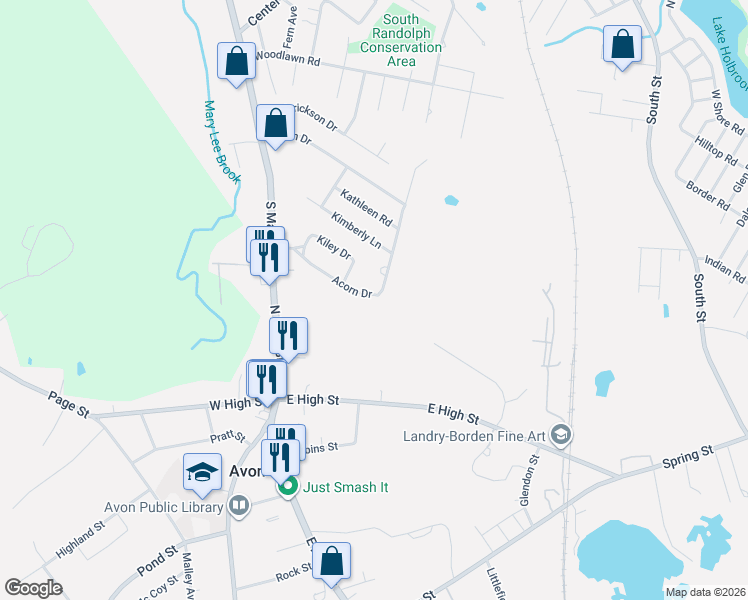 map of restaurants, bars, coffee shops, grocery stores, and more near 36 Acorn Drive in Randolph