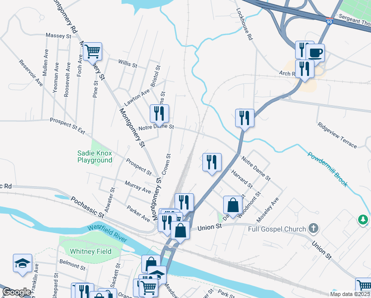 map of restaurants, bars, coffee shops, grocery stores, and more near 10 Collins Street in Westfield