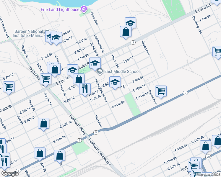 map of restaurants, bars, coffee shops, grocery stores, and more near 1133 East 8th Street in Erie