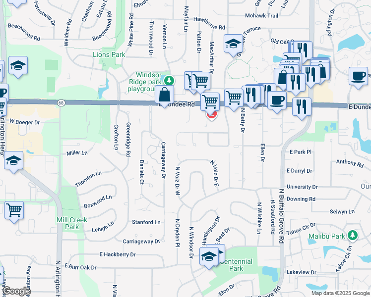 map of restaurants, bars, coffee shops, grocery stores, and more near 1015 Brentwood Circle in Buffalo Grove