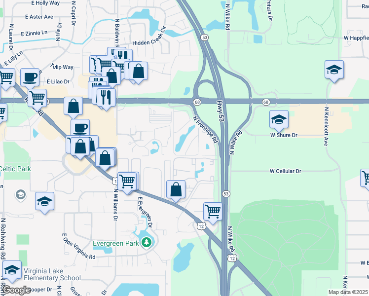 map of restaurants, bars, coffee shops, grocery stores, and more near 1526 Crimson Lane in Palatine