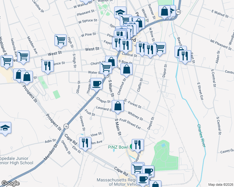 map of restaurants, bars, coffee shops, grocery stores, and more near 26 Chestnut Street in Milford