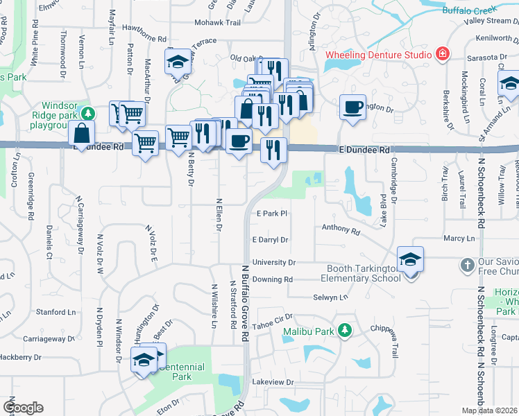 map of restaurants, bars, coffee shops, grocery stores, and more near 1804 East Park Place in Arlington Heights