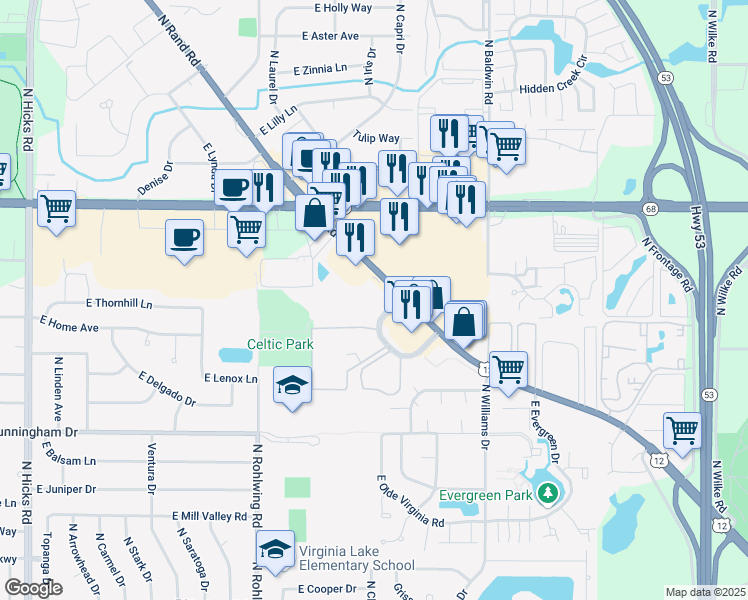 map of restaurants, bars, coffee shops, grocery stores, and more near 1535 East Winslowe Drive in Palatine