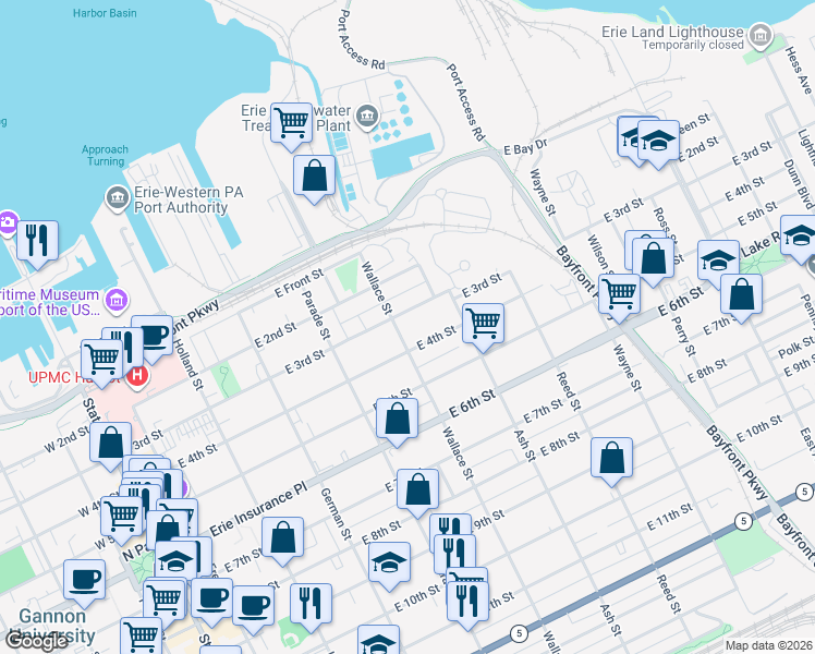 map of restaurants, bars, coffee shops, grocery stores, and more near 313 Wallace Street in Erie