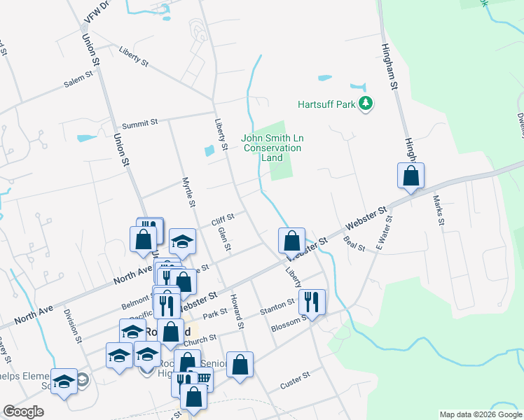 map of restaurants, bars, coffee shops, grocery stores, and more near 505 Liberty Street in Rockland