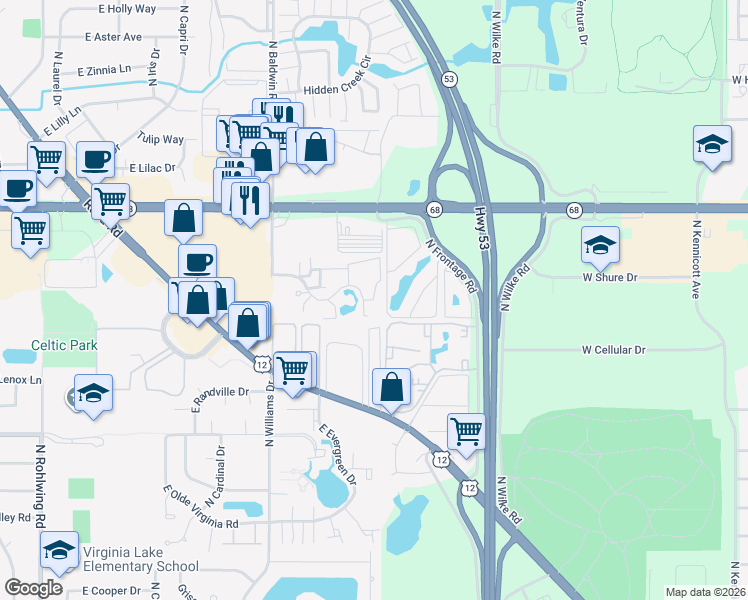 map of restaurants, bars, coffee shops, grocery stores, and more near 1397 East Wyndham Circle in Palatine