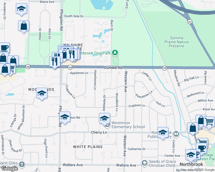 map of restaurants, bars, coffee shops, grocery stores, and more near 848 Bach Street in Northbrook
