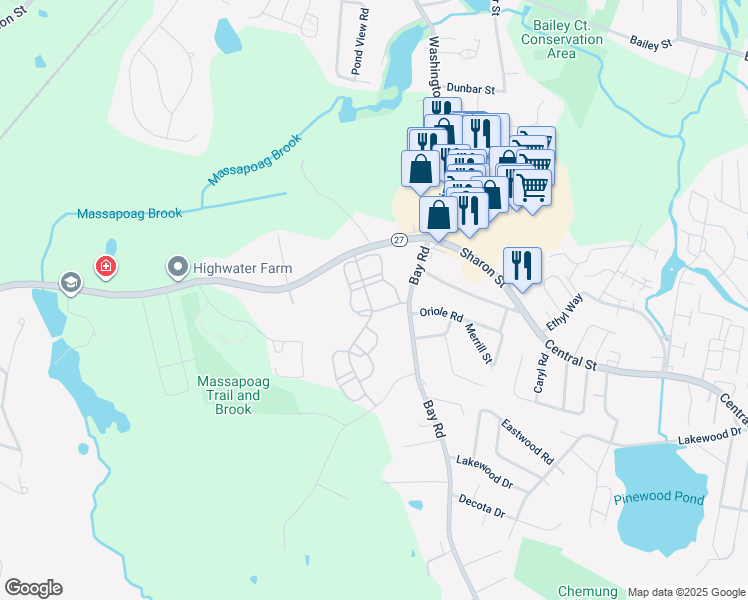 map of restaurants, bars, coffee shops, grocery stores, and more near 10 Bayberry Drive in Sharon