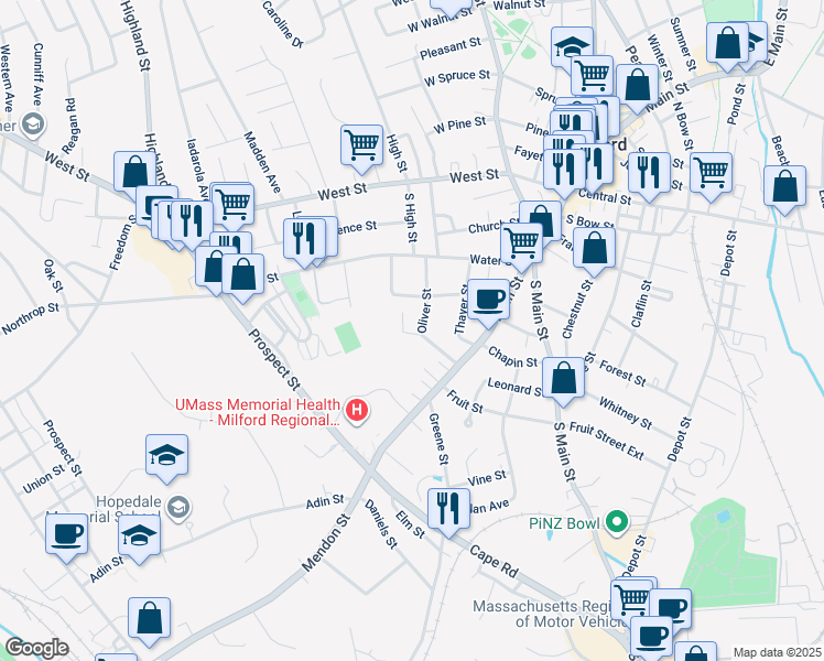 map of restaurants, bars, coffee shops, grocery stores, and more near 27 Oliver Street in Milford