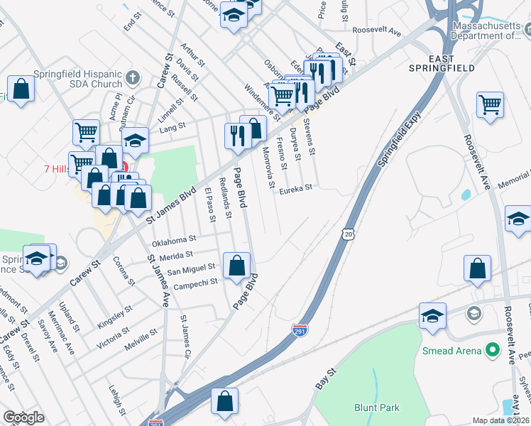map of restaurants, bars, coffee shops, grocery stores, and more near 158 Santa Barbara Street in Springfield