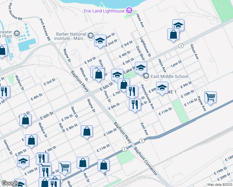 map of restaurants, bars, coffee shops, grocery stores, and more near 923 E 6th St in Erie