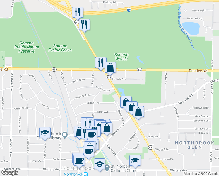 map of restaurants, bars, coffee shops, grocery stores, and more near 843 Keystone Avenue in Northbrook