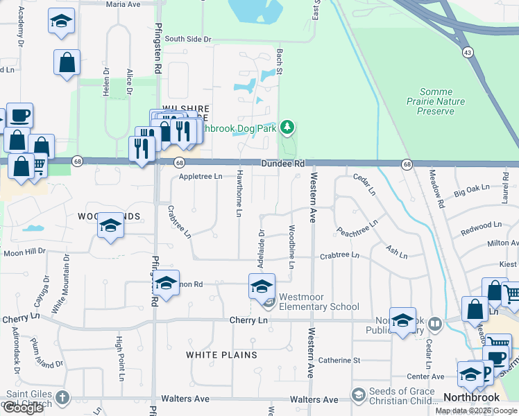 map of restaurants, bars, coffee shops, grocery stores, and more near 848 Bach Street in Northbrook