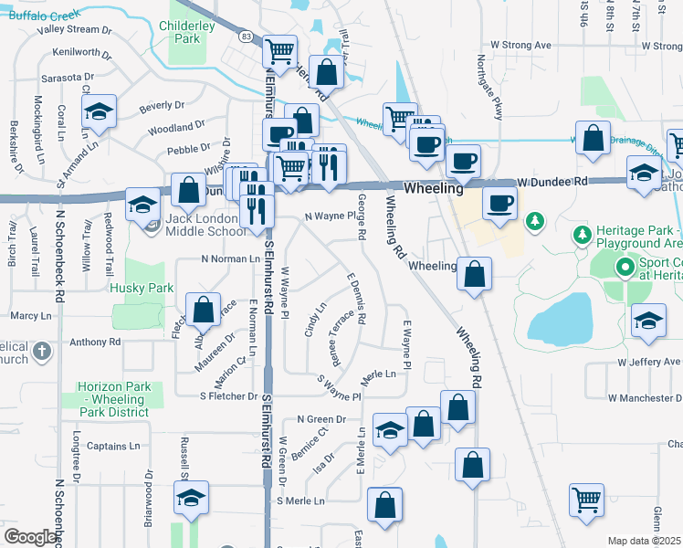 map of restaurants, bars, coffee shops, grocery stores, and more near 147 East Dennis Road in Wheeling