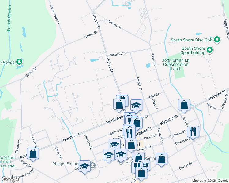 map of restaurants, bars, coffee shops, grocery stores, and more near 530 Union Street in Rockland