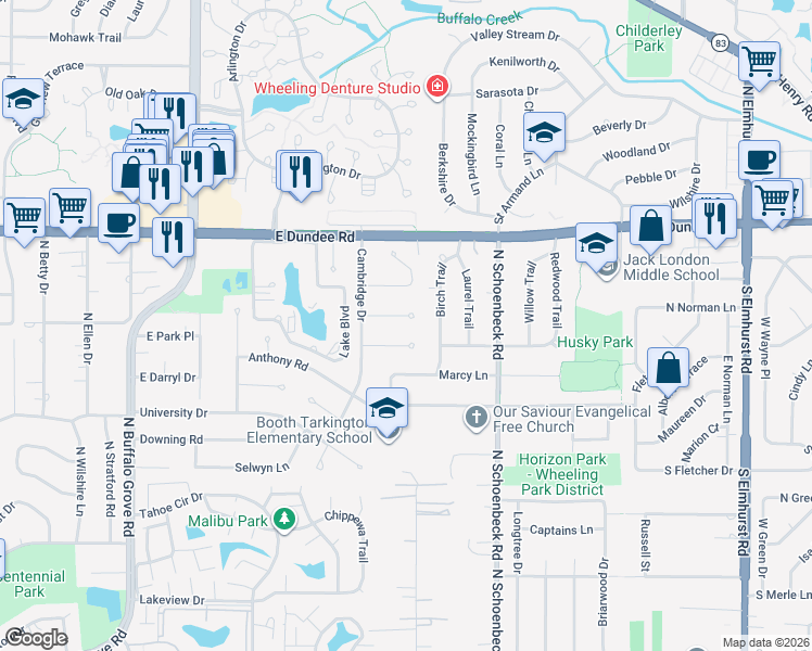 map of restaurants, bars, coffee shops, grocery stores, and more near 496 Trinity Court in Buffalo Grove