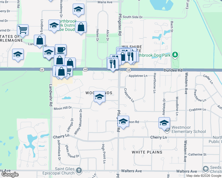 map of restaurants, bars, coffee shops, grocery stores, and more near 2808 Crabtree Lane in Northbrook