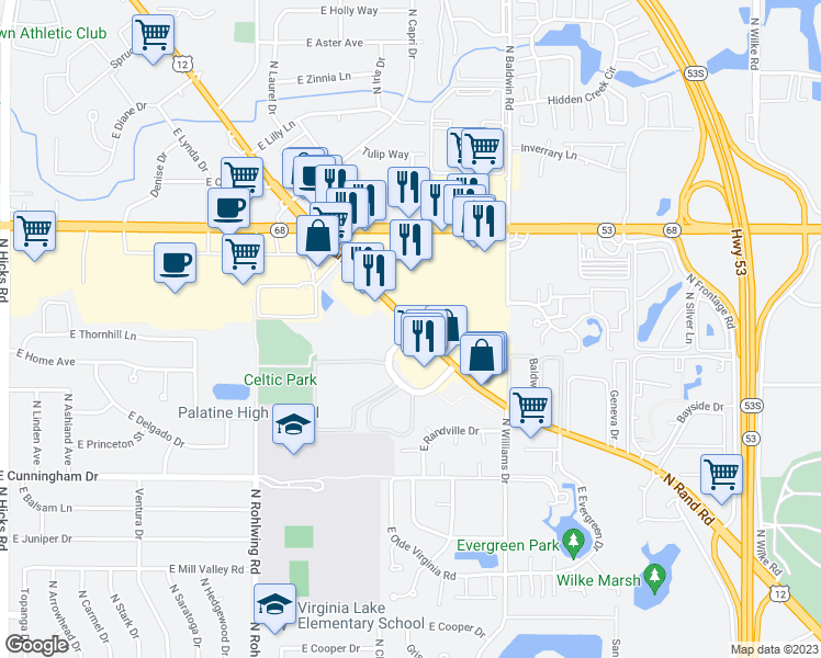 map of restaurants, bars, coffee shops, grocery stores, and more near 1565 East Winslowe Drive in Palatine