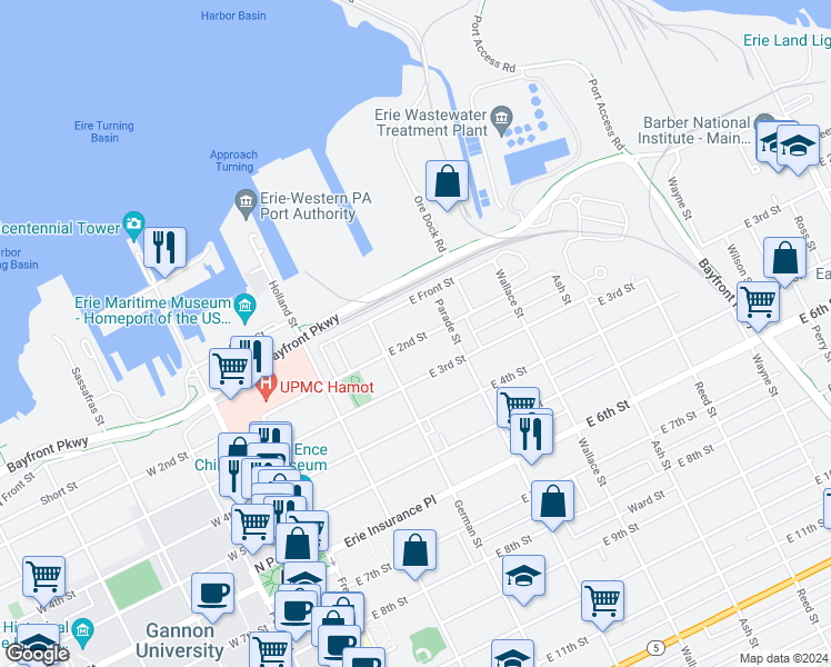 map of restaurants, bars, coffee shops, grocery stores, and more near 340 East 2nd Street in Erie