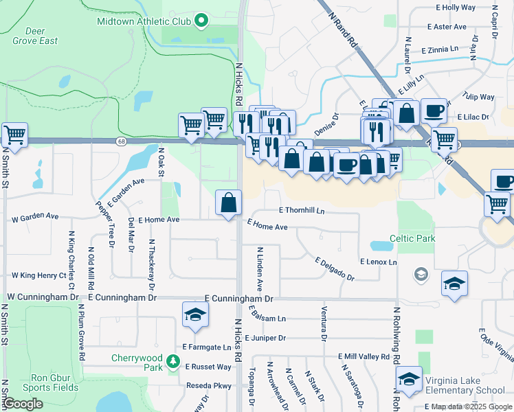 map of restaurants, bars, coffee shops, grocery stores, and more near 436 East Thornhill Lane in Palatine
