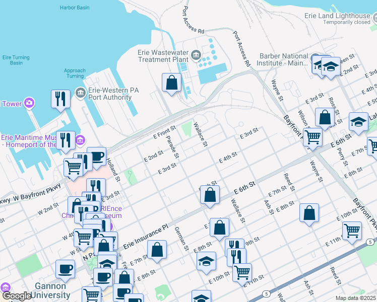 map of restaurants, bars, coffee shops, grocery stores, and more near 424 East 3rd Street in Erie