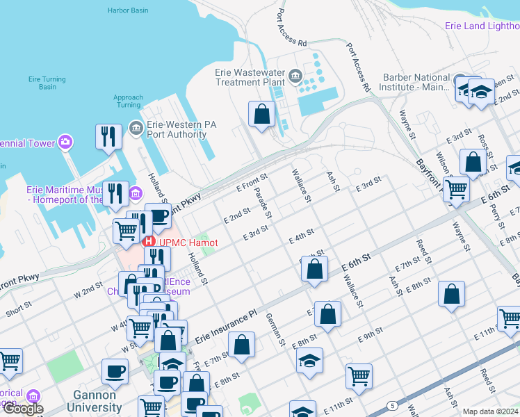 map of restaurants, bars, coffee shops, grocery stores, and more near 202 Parade Street in Erie