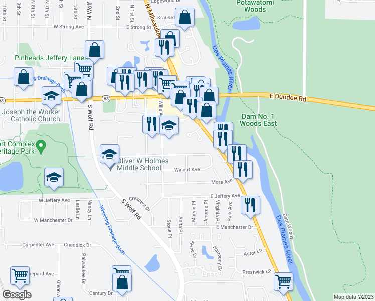 map of restaurants, bars, coffee shops, grocery stores, and more near 340 Highland Avenue in Wheeling