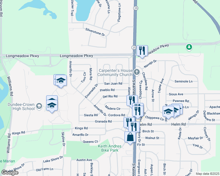 map of restaurants, bars, coffee shops, grocery stores, and more near 123 San Juan Road in Carpentersville