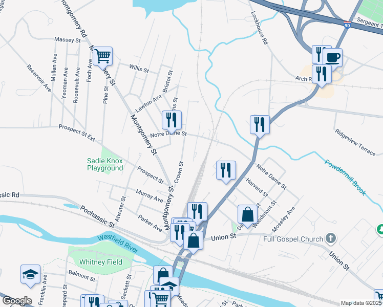map of restaurants, bars, coffee shops, grocery stores, and more near 10 Collins Street in Westfield