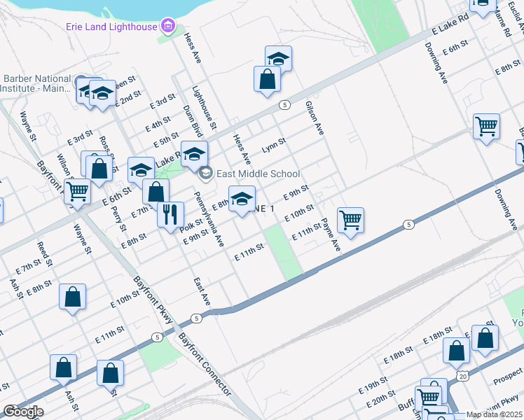 map of restaurants, bars, coffee shops, grocery stores, and more near 1212 East 9th Street in Erie