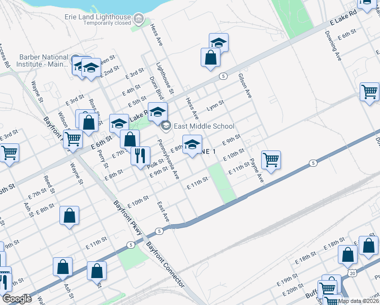 map of restaurants, bars, coffee shops, grocery stores, and more near 1133 East 8th Street in Erie
