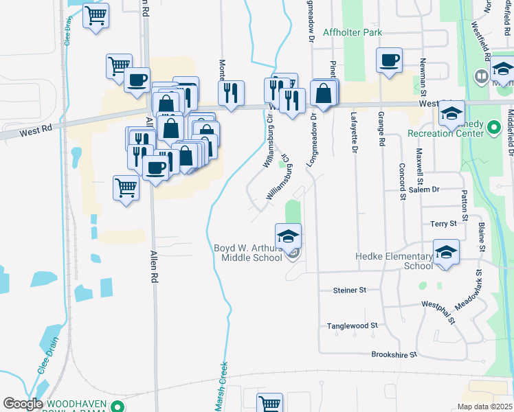 map of restaurants, bars, coffee shops, grocery stores, and more near 23441 Williamsburg Circle in Woodhaven