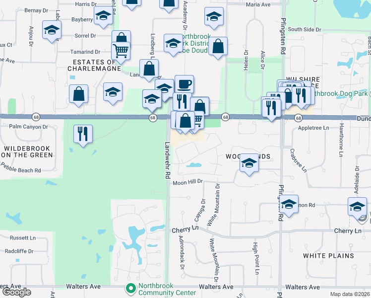 map of restaurants, bars, coffee shops, grocery stores, and more near 3110 Pheasant Creek Drive in Northbrook