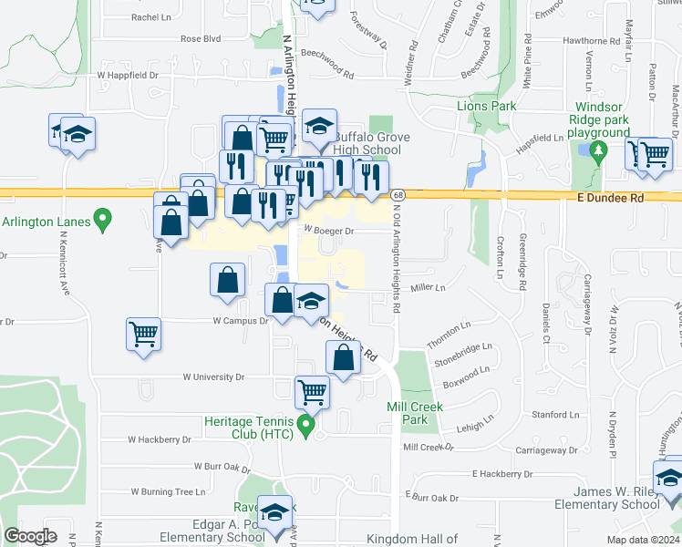 map of restaurants, bars, coffee shops, grocery stores, and more near 3345 N Arlington Heights Rd in Arlington Heights