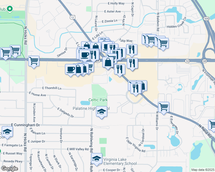 map of restaurants, bars, coffee shops, grocery stores, and more near 1561 North Winslowe Drive in Palatine