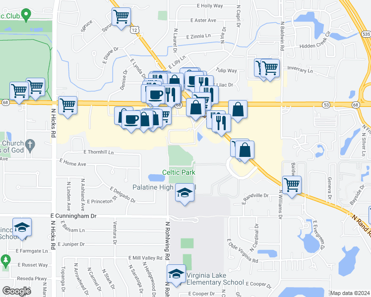 map of restaurants, bars, coffee shops, grocery stores, and more near 1565 East Winslowe Drive in Palatine