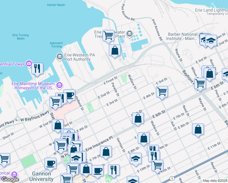 map of restaurants, bars, coffee shops, grocery stores, and more near 202 Parade Street in Erie