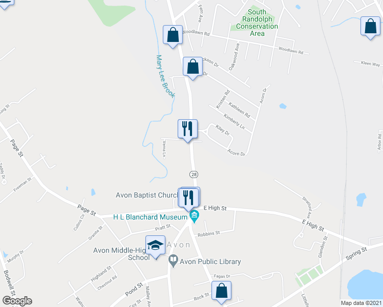 map of restaurants, bars, coffee shops, grocery stores, and more near 19 North Main Street in Avon