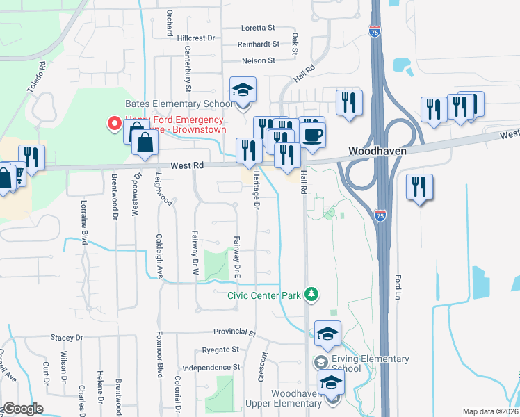 map of restaurants, bars, coffee shops, grocery stores, and more near 23221 Heritage Drive in Woodhaven
