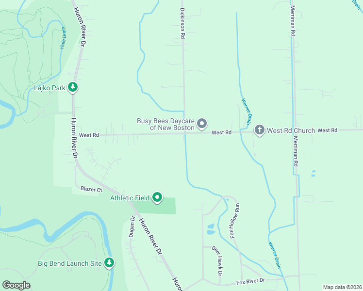 map of restaurants, bars, coffee shops, grocery stores, and more near 32421 West Road in Wayne County