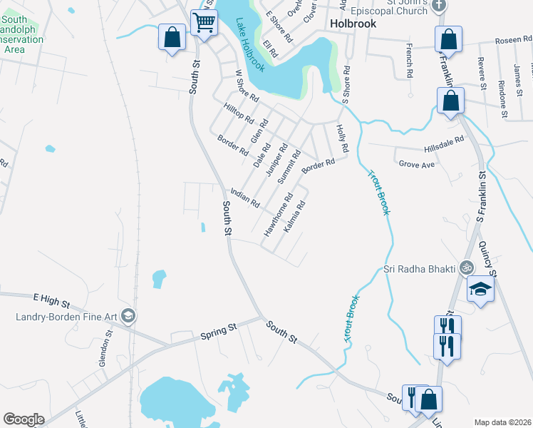map of restaurants, bars, coffee shops, grocery stores, and more near 20 Indian Road in Holbrook
