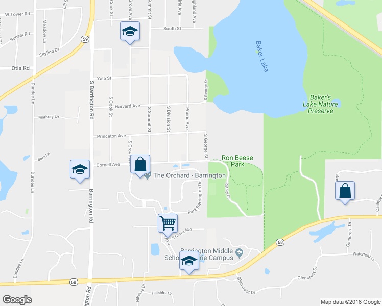 map of restaurants, bars, coffee shops, grocery stores, and more near 1215 Prairie Avenue in Barrington