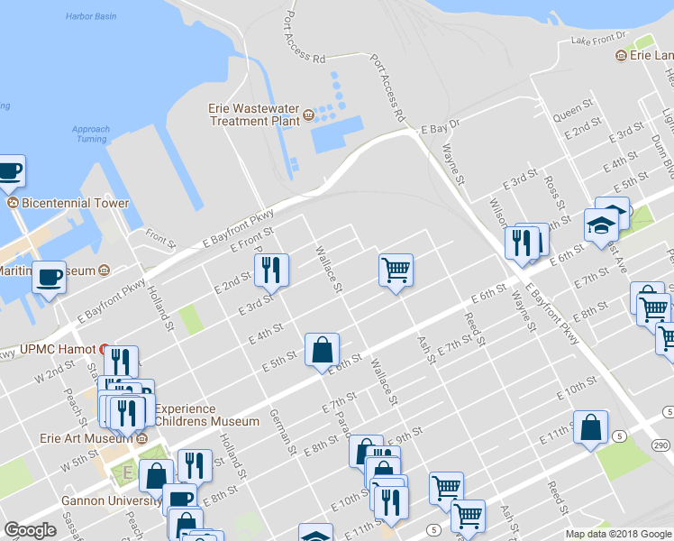 map of restaurants, bars, coffee shops, grocery stores, and more near 513 East 3rd Street in Erie