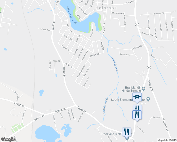 map of restaurants, bars, coffee shops, grocery stores, and more near 20 Kalmia Road in Holbrook